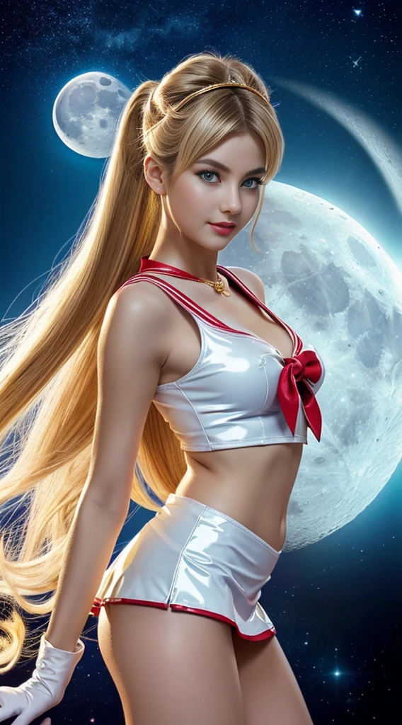 NSFW,table top、full:1.3、stand、8k、。.3d、realistic、Ultra-microphotography、highest quality、Wallpapers with extreme details CG Unity 8k、from below、intricate details、(1 female)、2、(sailor moon:1.6 Super Bishoujo Senshi sailor moon Mer1、Nether Warm Wind,land、sailor warrior uniform Sailor:1.5、sailor moon:1.5,Eternal sailor moon)、(Incredibly long and bright blonde pigtails:1.4、thin and very long straight twin tail blonde, bun hair、Red round hair ornament for bun hair)、((sailor warrior uniform、sailor color,pray miniskirt:1.5、Glossy pleated mini skirt:1.3、big red ribbon on the chest,,,,,、white long latex gloves,red gloves on the elbows、A gorgeous golden tiara on the forehead、ear nipple rings,Gorgeous Golden Jewels))、Extremely thin and fitted high gloss white holographic leather、High-gloss white latex high-leg swimsuit that shines like oil,(facial details:1.5、bright blue eyes、Beautifull expression、beautidfull eyes、Iris overview, shining eyes、thin lips:1.5、thin and sharp pale eyebrows,、long and thick eyelashes、double eyelashes、thin, thin and muscular,,,、small face、tall and big breasts、perfect proportions、big breasts thin waist、sexy model posing、dynamic pose,Visible pores、enchanting smile、perfect hands:1.5、octane rendering、very dramatic picture、(The divinity of the moon,space background、moonlight rays、moon、dynamic background、exquisite light and shadow、dynamic angle、detailed background),strong natural light、sunlight、Digital single-lens reflex camera、sharp focus: 1.0、Maximum clarity and sharpness