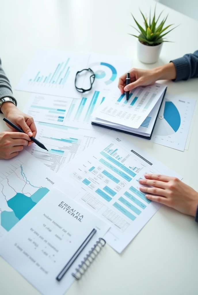 An image about project preparation and evaluation where no people are seen, but graphs papers 