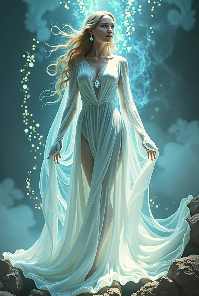 a woman in a long dress is standing in a swirling vortex, astral ethereal, flowing magical robe, channeling swirling energy, astral appearance, wearing flowing robes, portal to the ethereal realm, ethereal and otherworldly, strange ethereal being, flowing robes, swirling magical energy, an interdimensional being, beautiful celestial mage, ethereal angelic being of light