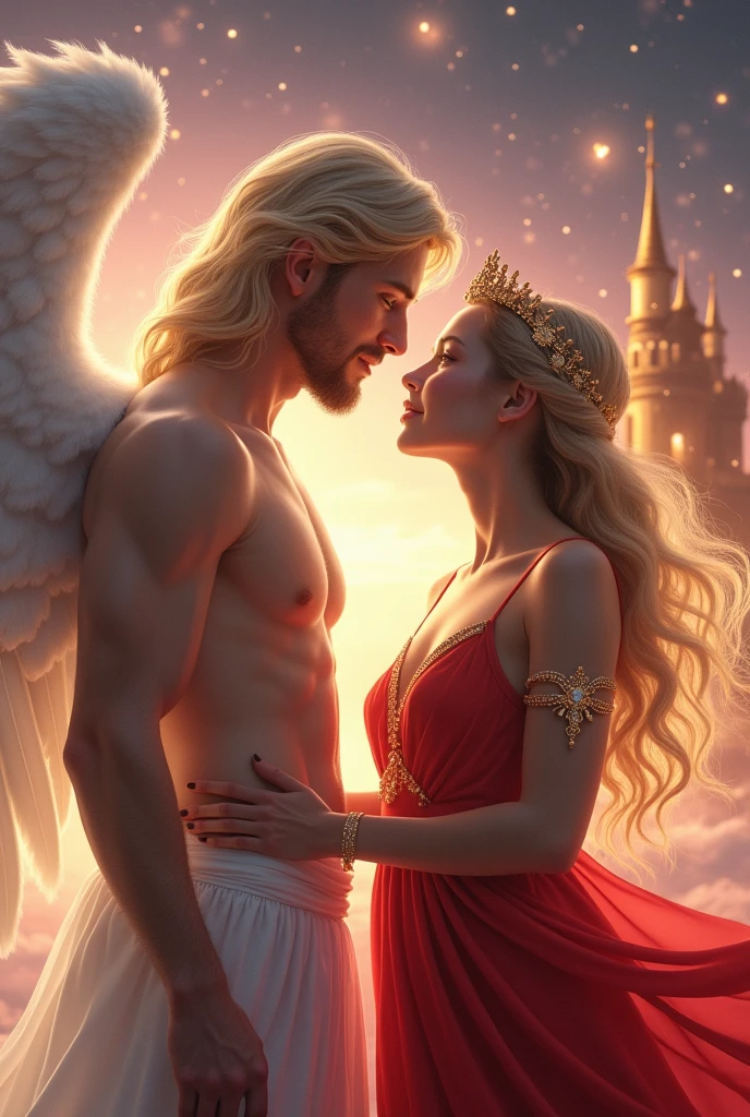 Infinity A white shirtless angel a woman in a red dress and blonde hair with a crown and bracelets looking into each other's eyes with love a pink moon and starry sky and a golden castle