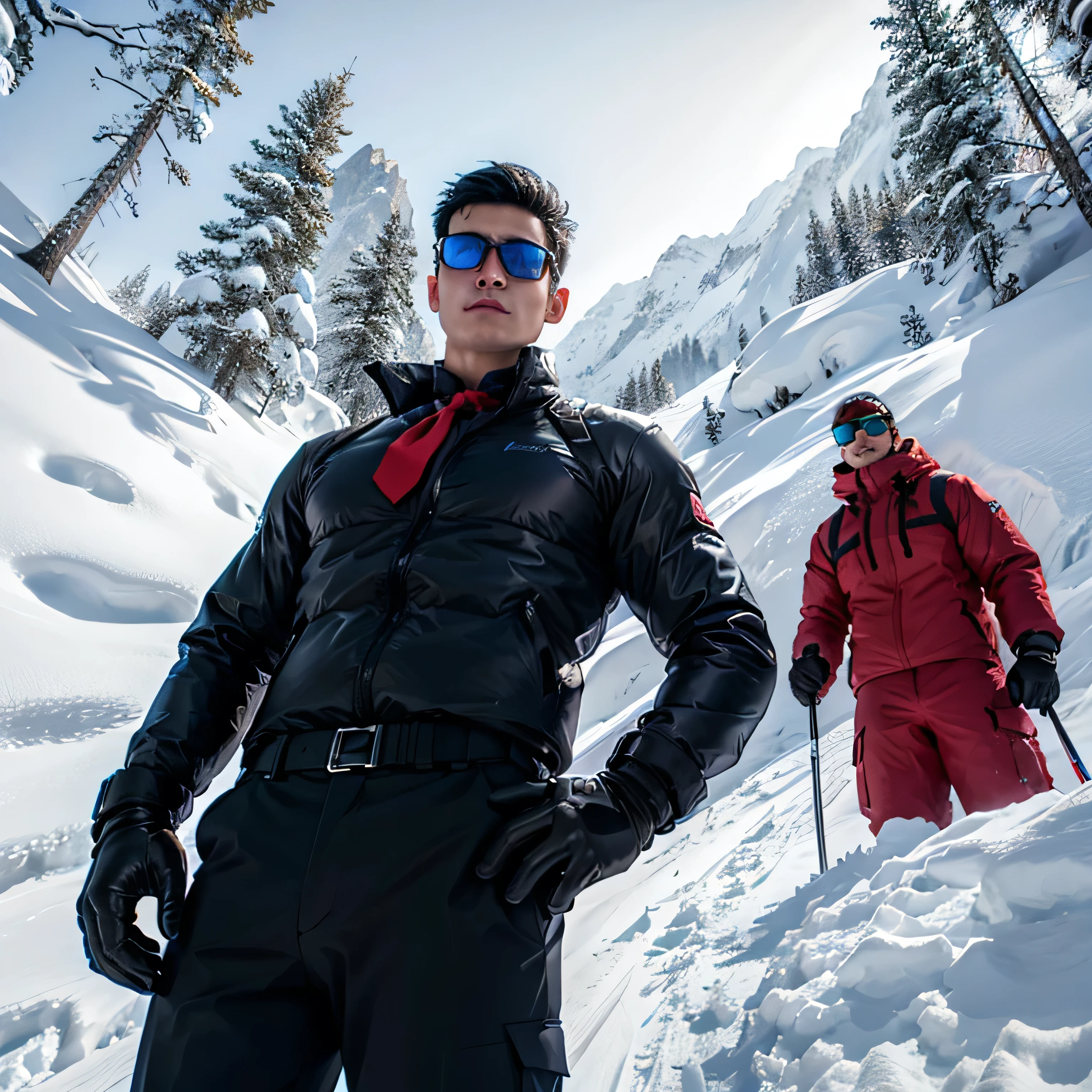 3,Three Men,Tall handsome man、Black Shirt、Red tie、Black gloves、Forest、Snow Mountain　Ski、 ,Black Hair、Very short hair、、Asian Face　　Seen from below　Cool　Black sunglasses