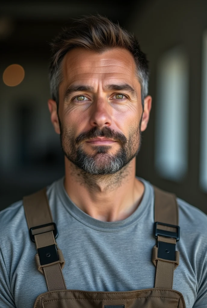 A man in a gray t-shirt, a bit of a beard, wearing a maintenance work suit, stylish model, show your face, Photo de profil profesionale, gray t-shirt, work uniform, high definition, masterpiece, best quality, high detail, intricate, highly detailed, Intense focus, texture, detailed brown eyes, professional, 4K, Canon shooting, 85mm, shallow depth of field, Kodak color vision, perfect body, highly detailed, photo_\(فيقة\), realist photo, after treatment, maximum detail , roughness, real life, super realist, recall, photographie, 8K ultra-high definition, photographie (film grain)