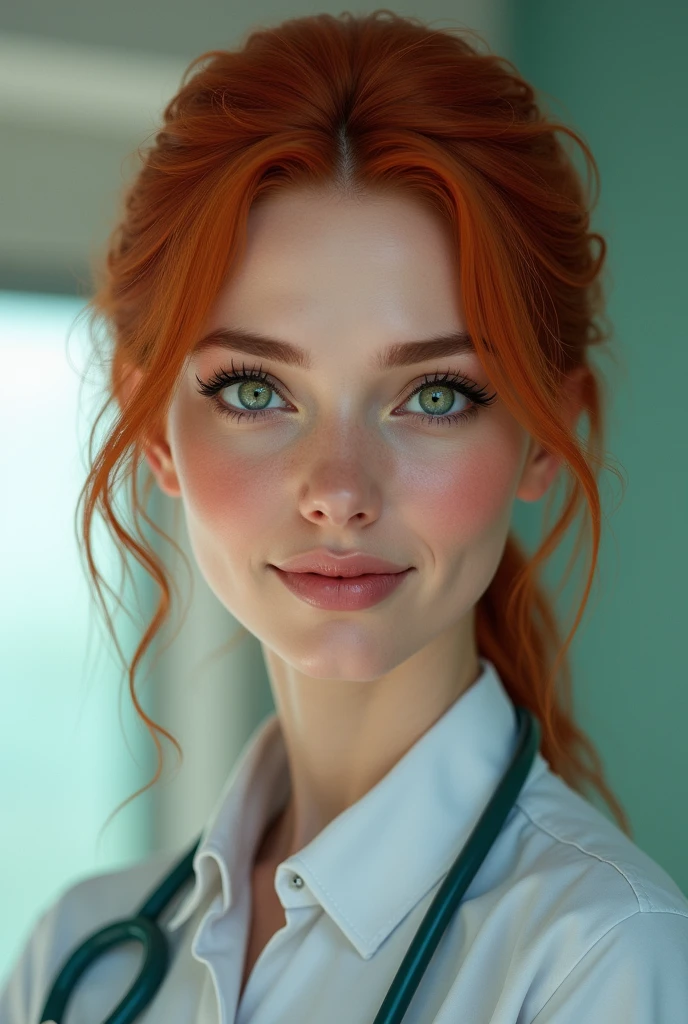Realistic head nurse redhead green eyes 