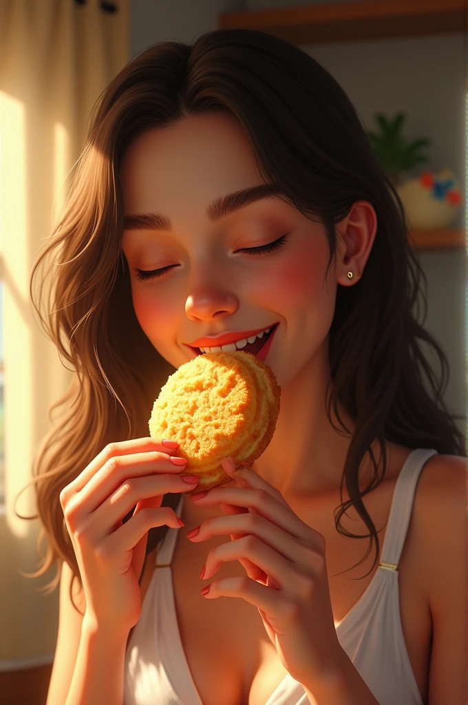 Woman eating a buttery casadinho biscuit