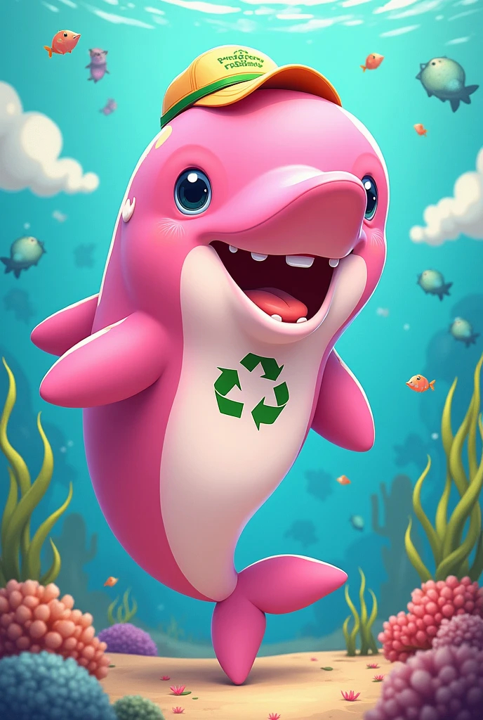 Give me an animated pink dolphin, that focuses on recycling