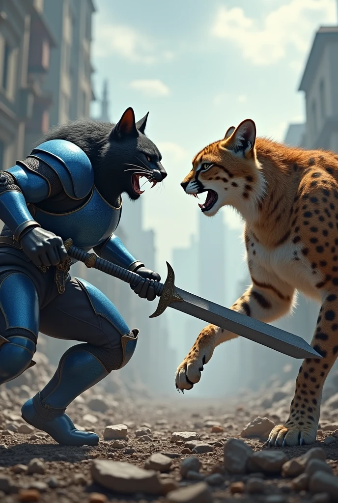 The image shows a scene from a video game. It shows two characters, a cat and a cheetah, engaged in a fierce battle. The cat is on the left side of the image, wearing a blue suit of armor and holding a sword in its right hand. It appears to be attacking the cheetahs with its mouth open, as if it is about to attack them. The background shows a cityscape with buildings and debris scattered around. The sky is cloudy and the ground is covered in rubble and debris. The overall mood of the scene is tense and action-packed.