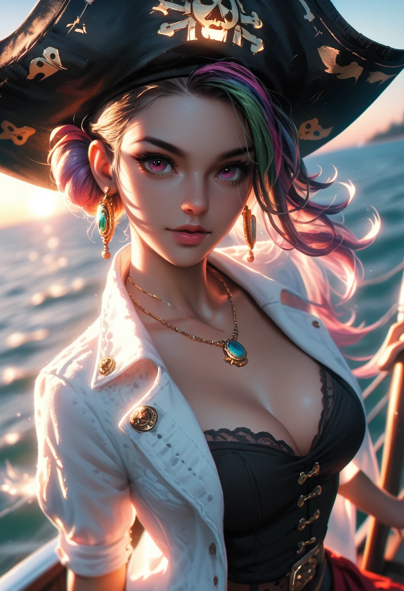 score_9, score_8_up, score_7_up, spanish (pirate woman), 3/4 bodyshot, black hat, parrot, epic Sunrise, boat port, (soft lighting), Extreme detail, (vibrant color), (intricate details), (dynamic angle)