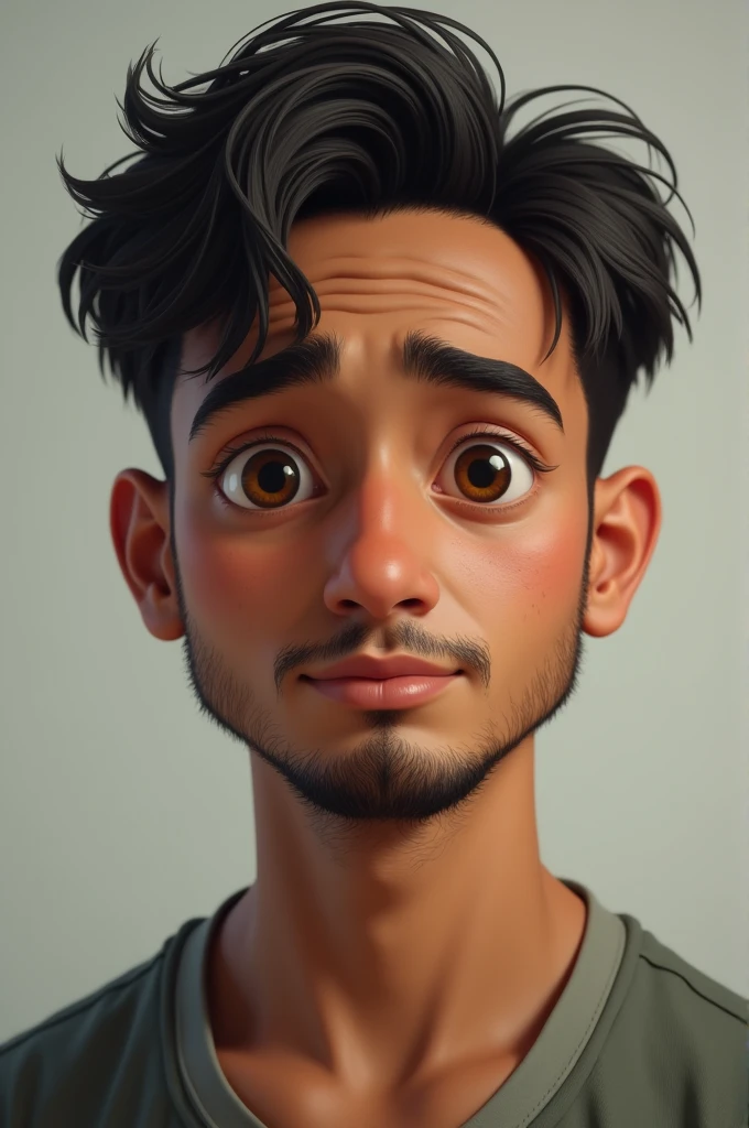Malay man , 1. Have a malay skin. 170cm and 70kg. Have short messy hair and a bit mustache and a goatee. Round face . Round eye and have a darker lips. There's also a bit eyebag.