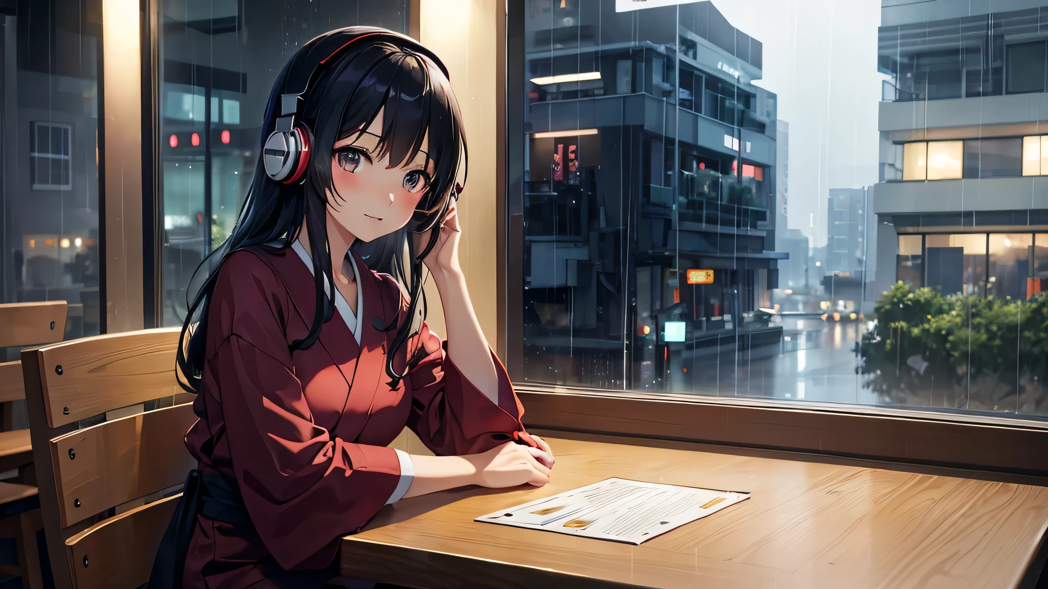 "Draw a Japanese girl in anime style, sitting in a café with headphones on. Rain falls outside the window, creating a cozy atmosphere. She has a gentle expression, with soft lighting."