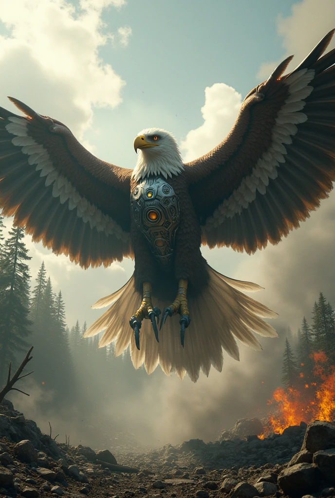 Big eagle with shining metal suit destroying whole forest 