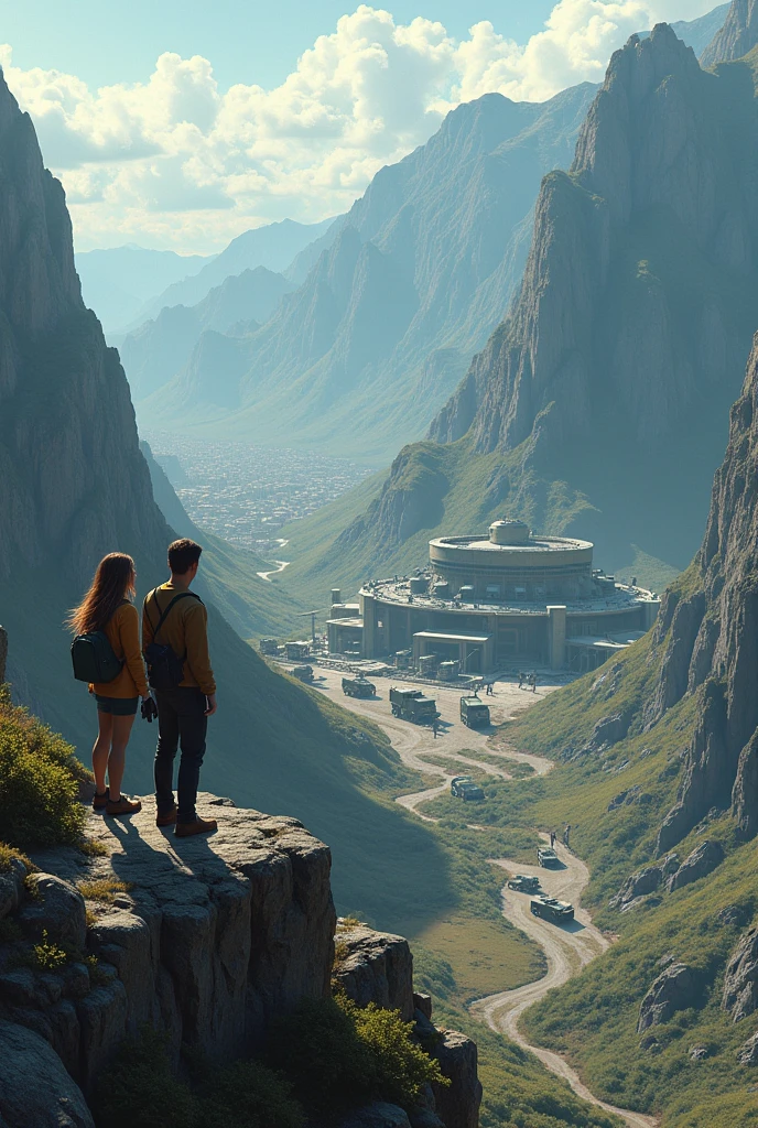 Two scientists, a woman with loose hair and a man. They are on a mountain overlooking a secret base. With three guards outside and three military vehicles parked. And you can see a mountainous background and a city in the distance.