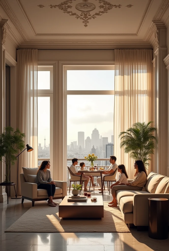 People enjoying a finished apartment with modern neoclassical design. A family relaxing in the living room, A couple dining in an elegant dining room, and friends enjoying the terrace with spectacular views.