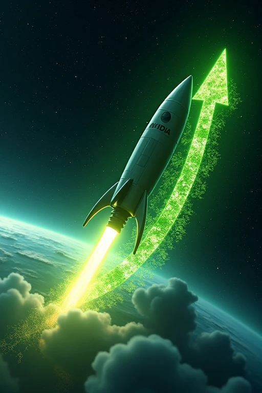 NVIDIA logo rocket soaring along an exponential graph curve, leaving a trail of AI chips, game controllers, and data center icons. Starry background with Earth visible. Futuristic digital art style with green and blue hues.