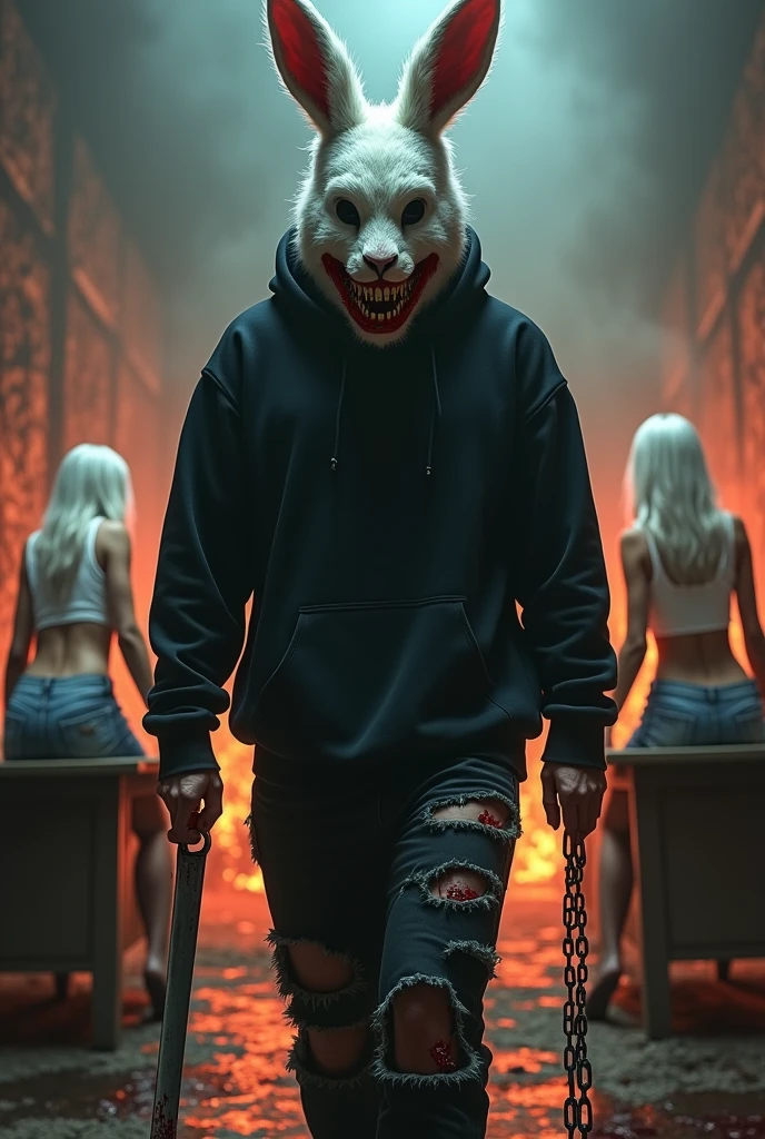 Horror, creepy, 1 male, furry White bloody rabbit mask with creepy smile and yellow bloody teeth, completely Black torn hoodie, 2 White hair females , wearing short jeans and White tank tops, sitting on the desk in hell, Fire in the background, ethereal, detailed, masterpiece, best quality, dramatic lighting, full body, torn Black pants, blood stains, walking to camera, holding ritual knife in the right hand, massacre in the background, chains in left hand