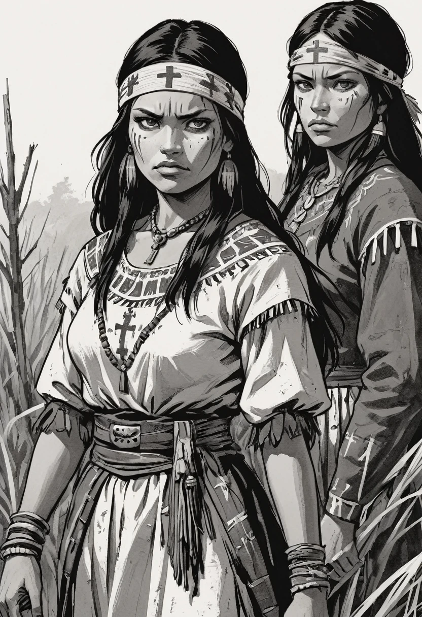 Cheyenne women, high contrast, simple, Grunge black and white, stark, Amazing, Graphic novel illustrations, Cross Hatching, Seminole Wars, National costume, land