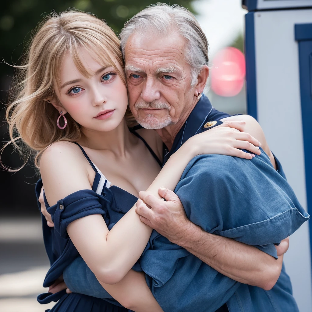 ((Highest quality)), ((masterpiece)), (High-definition photos), (1 old man, 1 young girl:1.4),  (upright straddle:1.4), straddling onto old man in the police box, (drill hair), (spiral curl), (long blonde), (bangs), (arms up),  (Beautiful young girl and her father:1.3), Light eyeshadow, (earrings), during, (pointy breasts:1.3), covered nipples, white dress, (snowy white skin), (Blushed:1.3), upper body, ((Trouble)), Half-open mouth, Shiny skin、elbow groves, wetty lips, Thin eyebrows、(Blue eyes:1.1),  (old man is hugging girl:1.3), police officer, police box
