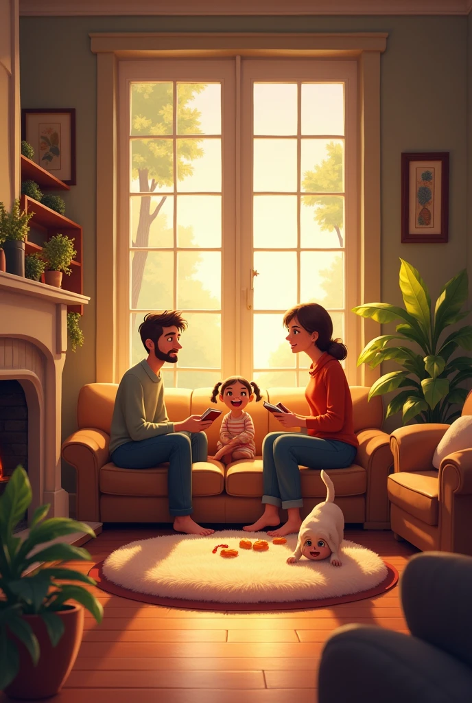 Show a warm and comfortable living room with a family enjoying a lively conversation. Adults read by the fireplace, while a child plays with a dog on a luxurious rug. The scene should convey warmth, comfort, and a sense of harmony.