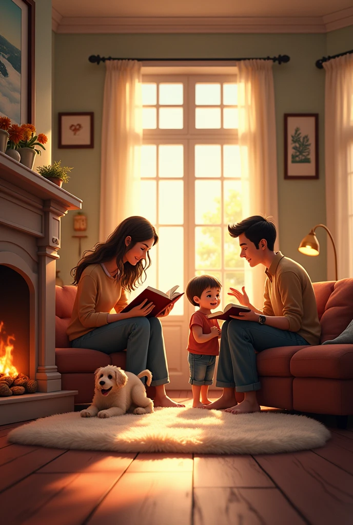 Show a warm and comfortable living room with a family enjoying a lively conversation. Adults read by the fireplace, while a  plays with a dog on a luxurious rug. The scene should convey warmth, comfort, and a sense of harmony.