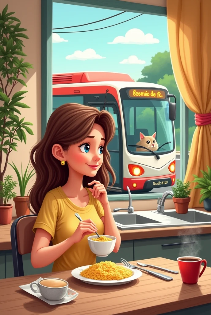 Cartoon-style brown-haired woman eating couscous and having breakfast in her kitchen through the window we see a bus passing by with the sign LESMÃO de F.c.