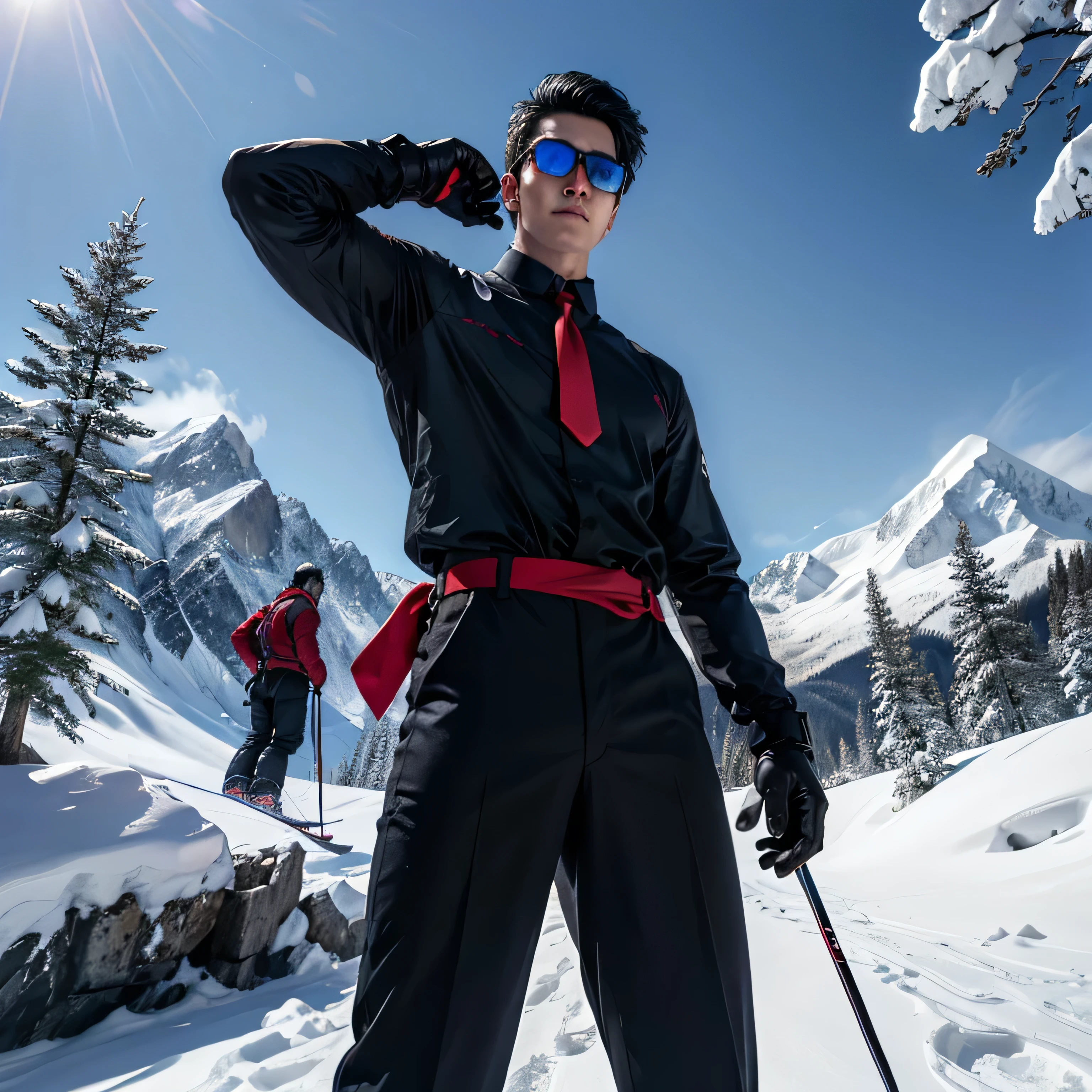 3,Three Men,Tall handsome man、Black Shirt、Red tie、Black gloves、Forest、Snow Mountain　Ski、 ,Black Hair、Very short hair、、Asian Face　　Seen from below　Cool　Black sunglasses