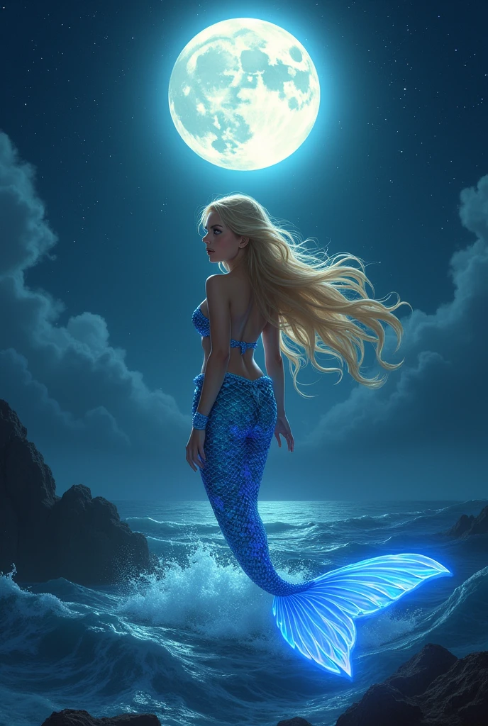 a mermaid with long blonde hair in a sea, with his body completely submerged in the water, only shows his tail with bright colors and glow in the dark behind a starry sky with a moon in the center SENSUAL AND DOMINANT SAILOR MAN