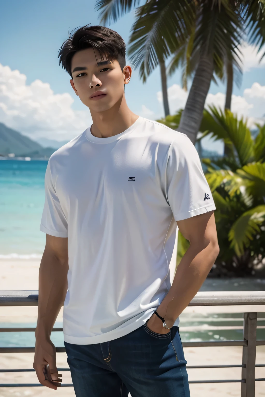 masterpiece, best quality, 1man, adult, male focus, solo, short hair, casual outfit, fashion show attire, extremely detailed resort background from the Philippines 