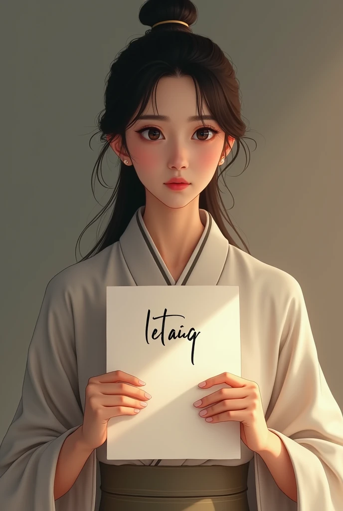 Asian woman holding a piece of paper with the word LeTaiq written on it