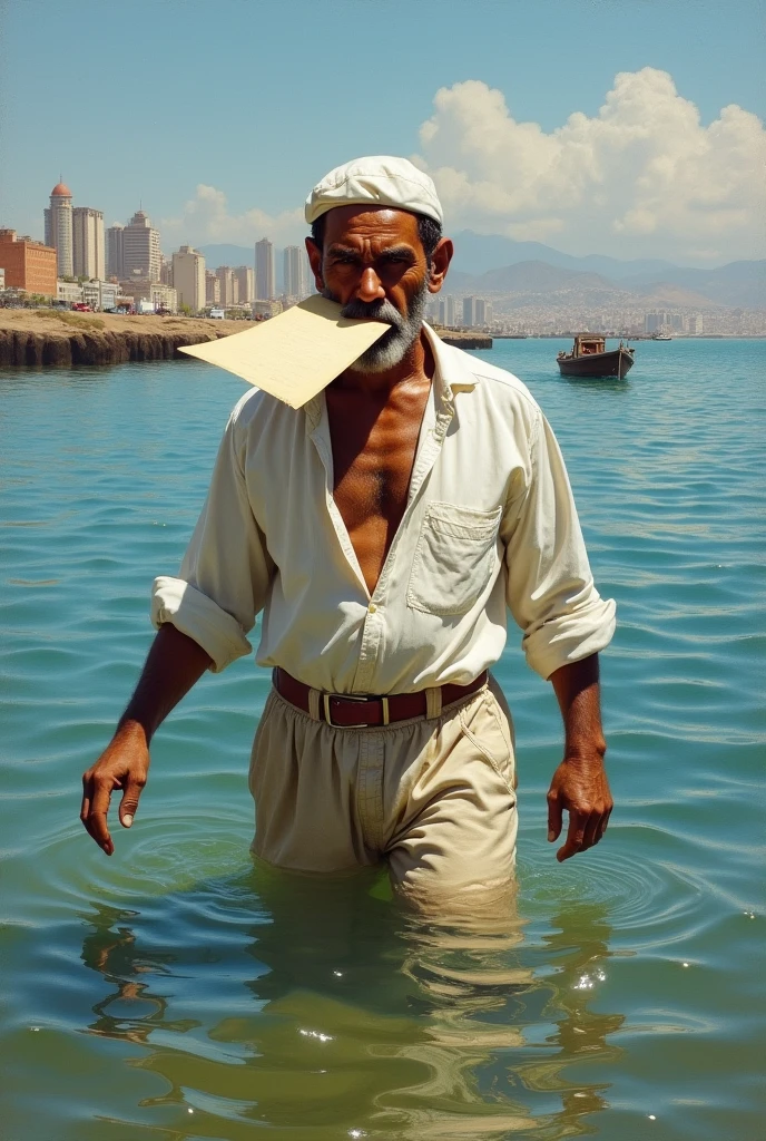 Jose Olaya, 40 year old man, wearing white fisherman&#39;s clothes, with a white cap on his head, Swimming in Callao (Peru) with a letter in his mouth in 1823