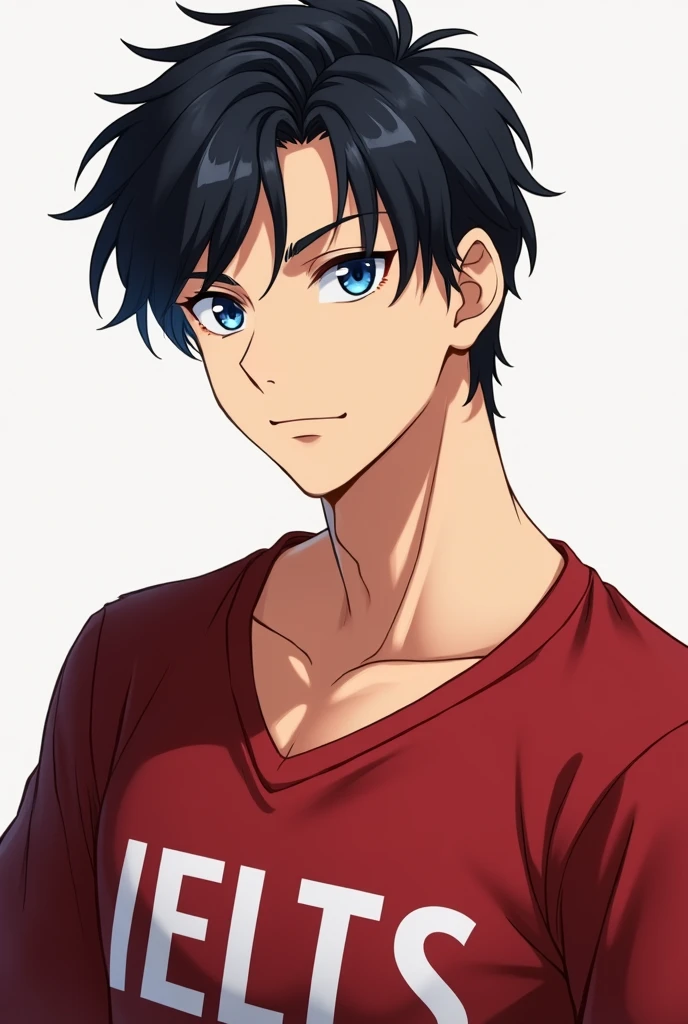 An anime boy handsome foreigner wearing a red shirt with the words "IELTS" written on it. (no beard), 1, beautiful body. look mature, cool, cold small blue eyes