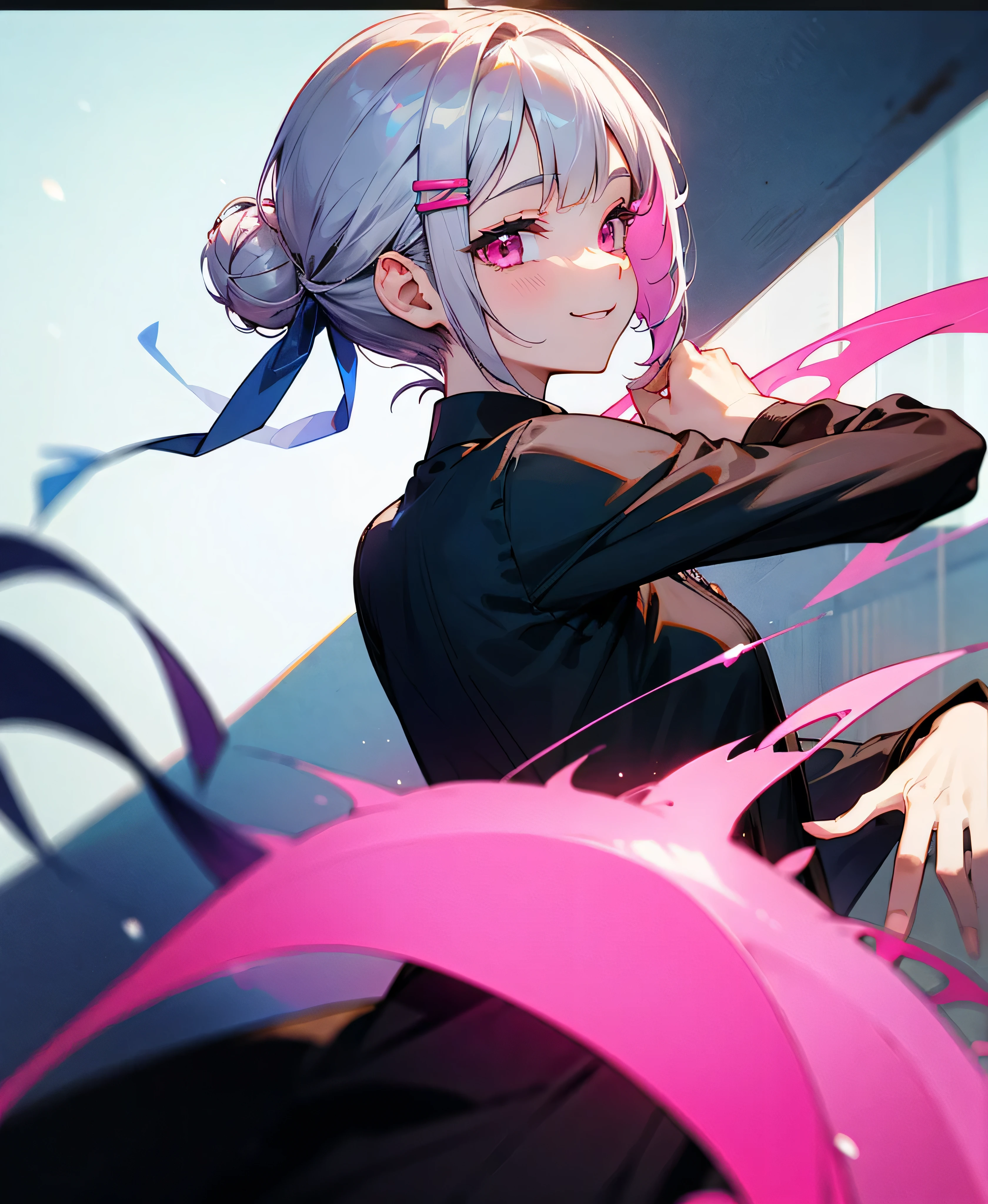With one person、Short silver bob hair tied in a bun with a hair clip、Pink Eyes、smile、From the side、wear a rider'Jacket、Colors based on red and green