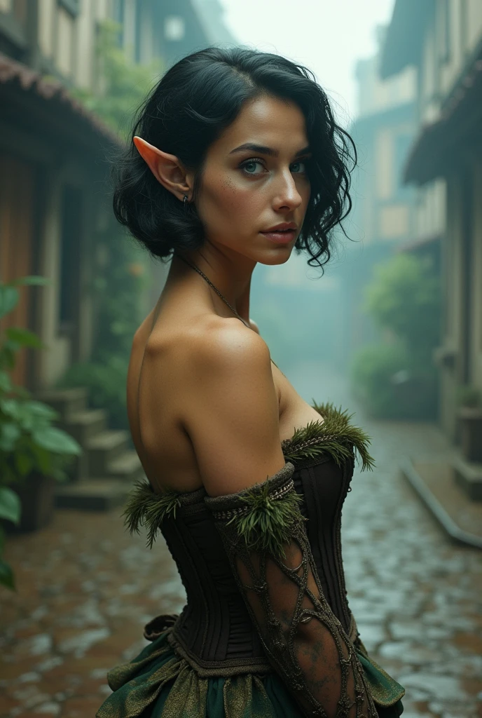 Vintage photo of an elven maiden, 18-years-old, amazonian stature, curvy voluptuous hourglass figure, warm almond complexion, pointy elf ears, cyan eyes, dark hair, short curly bob cut, elven ears, wearing a corset and a petticoat, posing in a foggy medieval hamlet, analog film photo, RAW Photograph, dslr, soft lighting, high quality, film grain, Fujifilm XT3, detailed skin with visible pores, insane details, masterpiece, 8k, 35mm photograph, dslr, kodachrome, faded film, desaturated, grainy, vintage, Lomography, stained, highly detailed, found footage