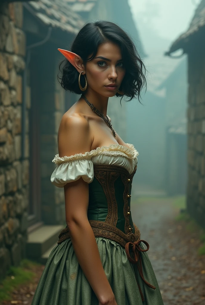 Vintage photo of an elven maiden, 18-years-old, amazonian stature, curvy voluptuous hourglass figure, warm almond complexion, pointy elf ears, cyan eyes, dark hair, short curly bob cut, elven ears, wearing a corset and a petticoat, posing in a foggy medieval hamlet, analog film photo, RAW Photograph, dslr, soft lighting, high quality, film grain, Fujifilm XT3, detailed skin with visible pores, insane details, masterpiece, 8k, 35mm photograph, dslr, kodachrome, faded film, desaturated, grainy, vintage, Lomography, stained, highly detailed, found footage