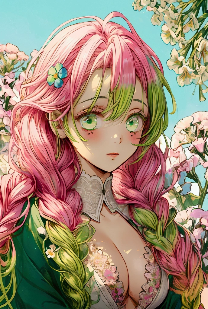 Convert your flower art into illustration.、Create backgrounds with vibrant colors and unique touches　The type of flower is statice、Gypsophila、sweet pea、Mix in some lace flowers, portrait, face portrait, big breasts, cleavage, pink hair, green eyes, (green highlights), green braids, 