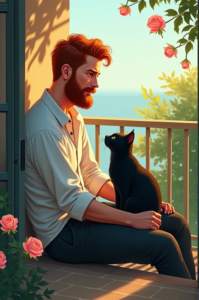 Man alone with a cat on a balcony, man with a light beard and red hair, cat black, a few roses, art in 2d