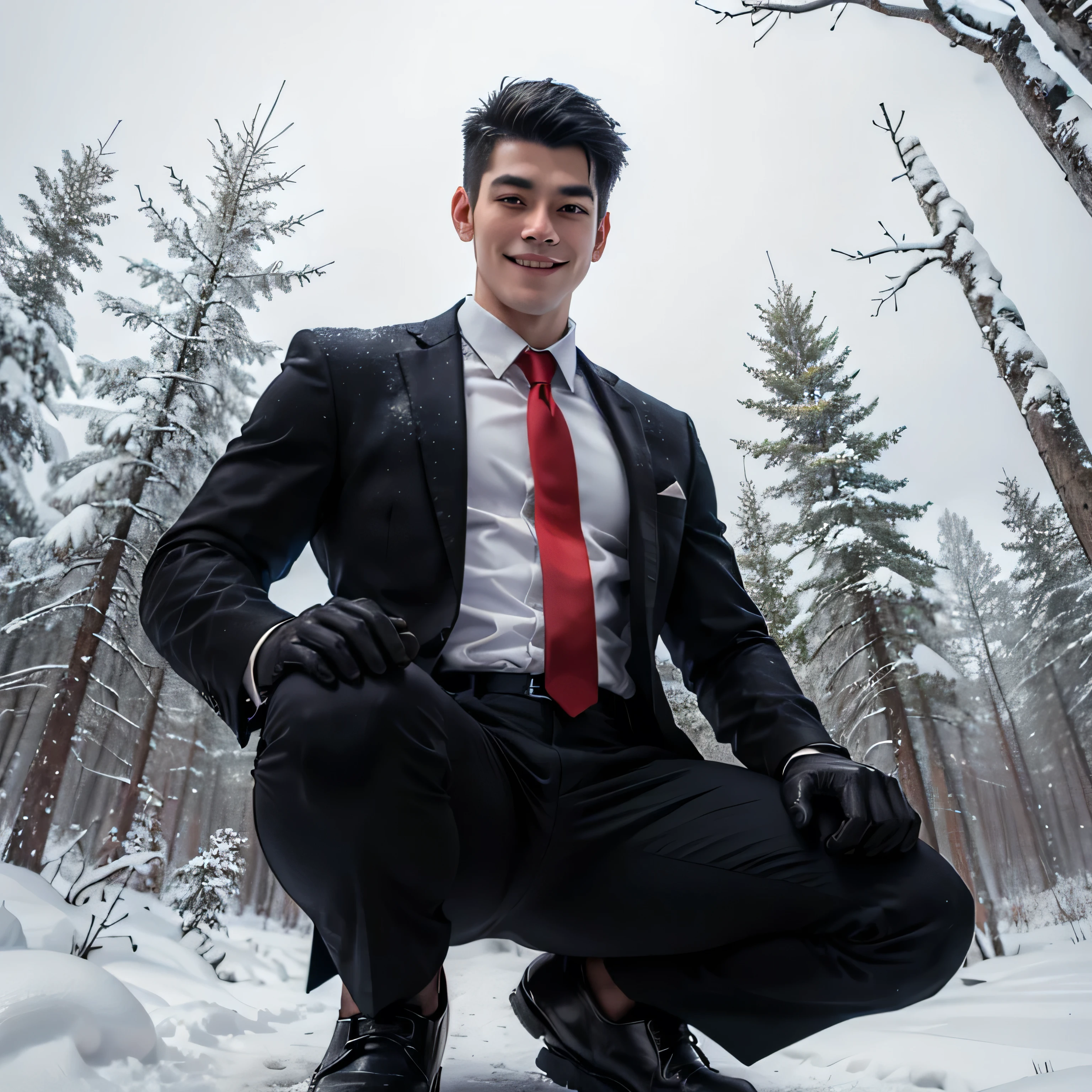 Age 27,One Man,Tall handsome man、Black Shirt、Red tie、Black gloves、Forest、Squatting with legs apart on the snow、 ,Black Hair、Very short hair、Asian Face Seen from below Cool smile
