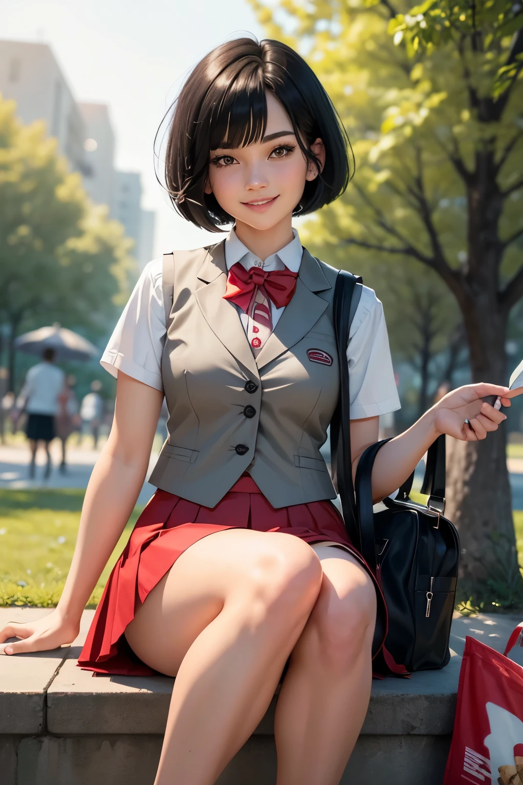 Graphic novel style, 1 stunningly beautiful college girl, smiling, blushing, short black hair, bob cut, wearing a Japanese school uniform, red eyes, 1, ((short black skirt)), toned legs, red bow, ((light gray closed vest)), eating ice cream, in the park,
