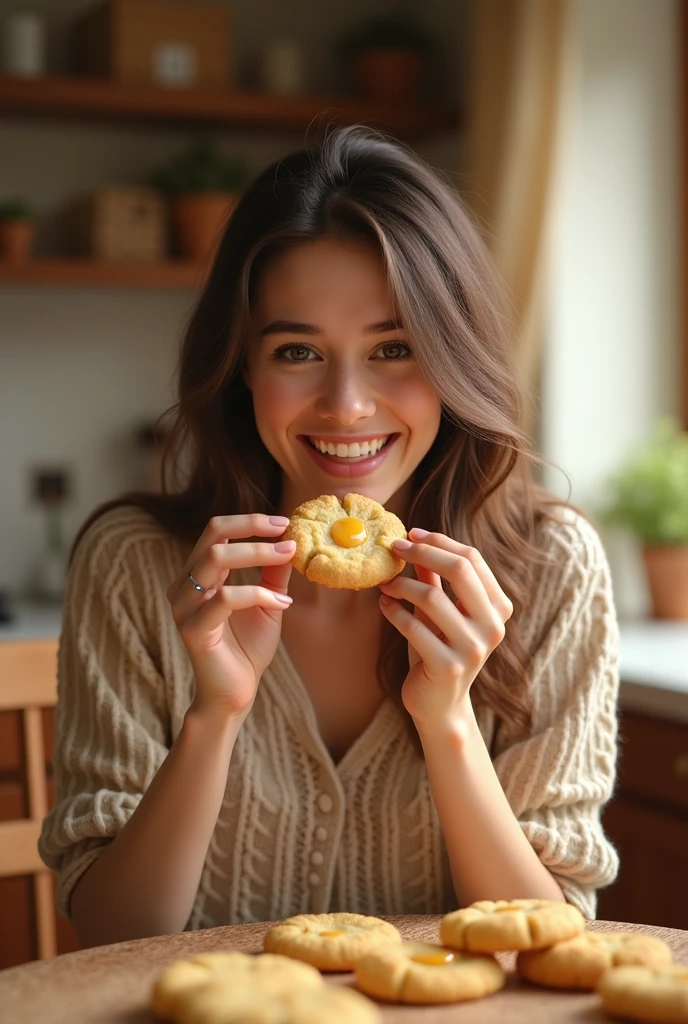 I created an image of a beautiful woman eating coxinha.