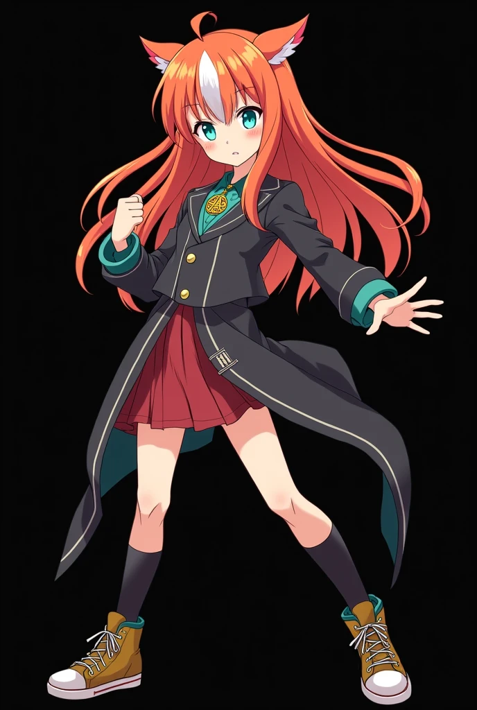 A full body image of a child aged, personagem do anime "JUJUTSU KAİSEN", she is very beautiful, with long, straight, fire-colored hair with two white streaks highlighted in the front, framing your face. She has blue-green eyes and pale skin.. she is a Wiccan, she is in fighting pose. she wears a pentagram necklace, beautiful women's high top shoes and ¾ long socks. ela é desenhada com o estilo de animação do Gege Akutami criador de JUJUTSU KAİSEN. black backdrop.