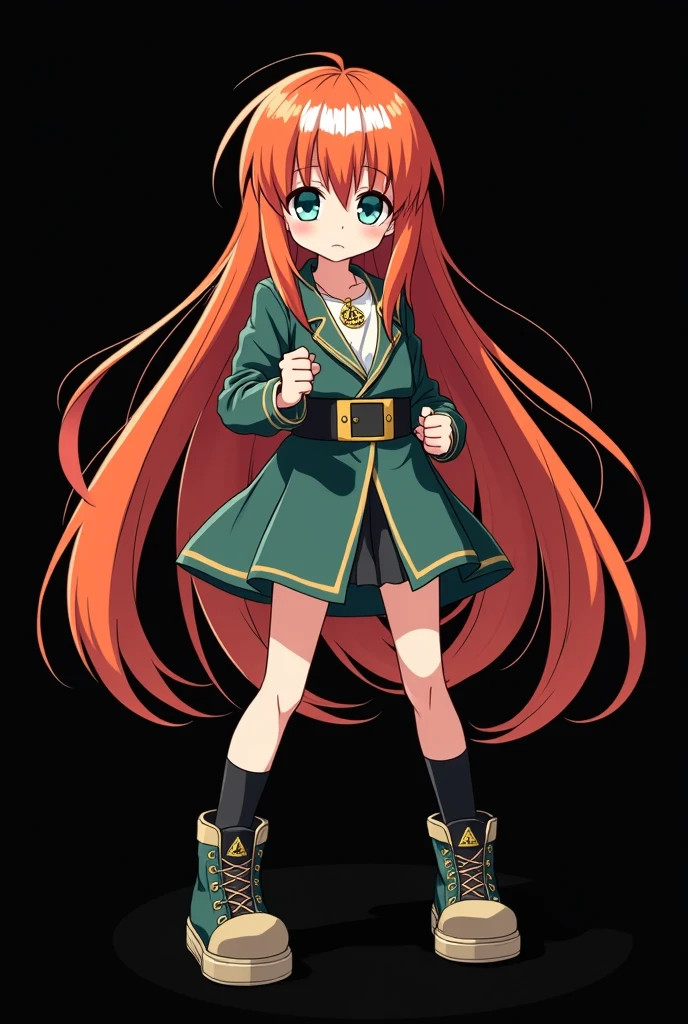 A full body image of a child aged, personagem do anime "JUJUTSU KAİSEN", she is very beautiful, with long, straight, fire-colored hair with two white streaks highlighted in the front, framing your face. She has blue-green eyes and pale skin.. she is a Wiccan, she is in fighting pose. she wears a pentagram necklace, beautiful women&#39;s high top shoes and ¾ long socks. ela é desenhada com o estilo de animação do Gege Akutami criador de JUJUTSU KAİSEN. black backdrop.