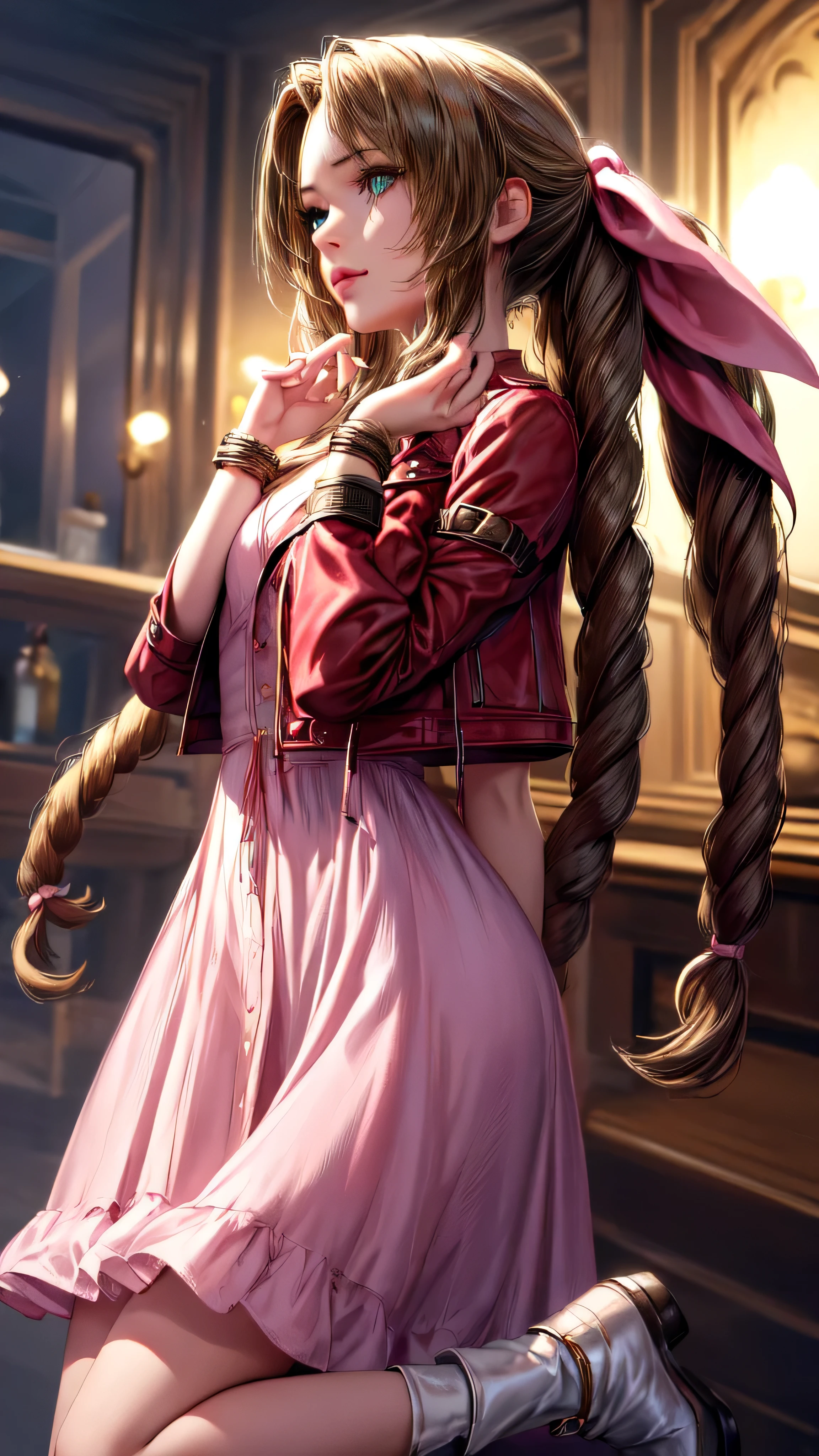 1girl, solo, detailed skin, ultra realistic 8k cg, picture-perfect face, flawless, clean, masterpiece, professional artwork, famous artwork, cinematic lighting, cinematic bloom, ((beautiful eyes)), intricate iris, (((perfect hands))), (extremely detailed background), ((dynamic background)), beautiful detailed girl, beautiful detailed nose, light on face, looking at viewer,aerith gainsborough, choker, cropped jacket, hair bow, bracelet, pink dress, brown boots,