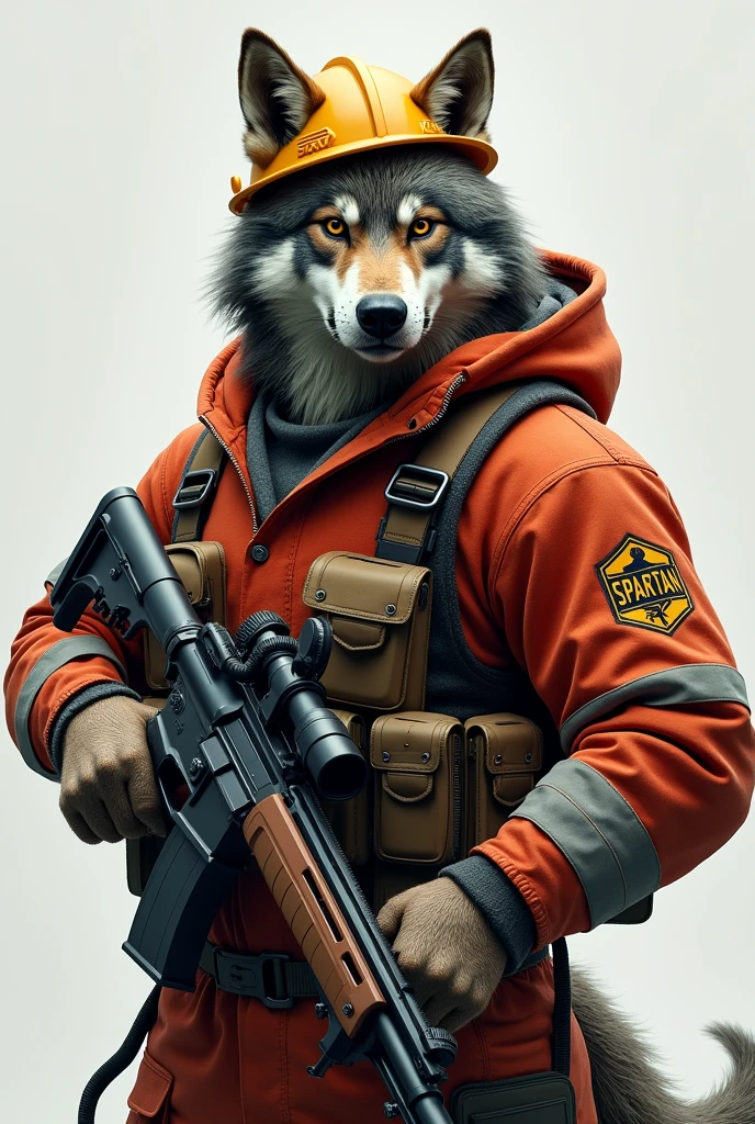Realistic wolf in safety clothing with the word Spartan written on it With a rifle in his hand 
