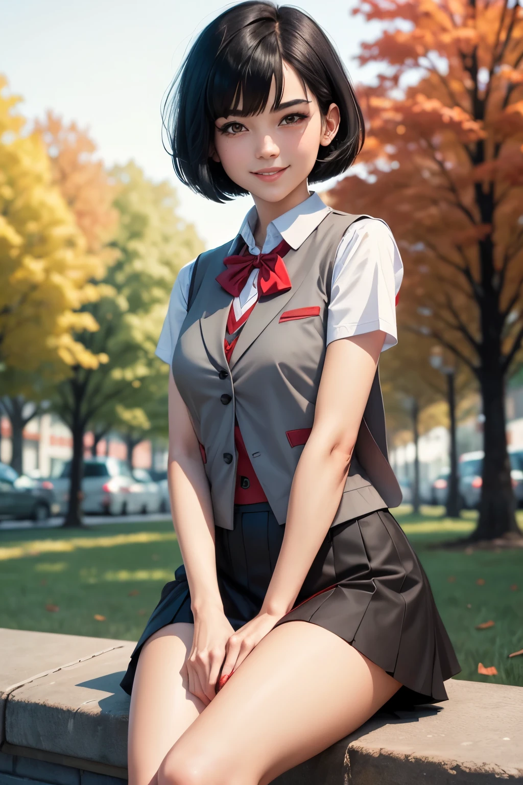 Graphic novel style, 1 stunningly beautiful college girl, smiling, blushing, short black hair, bob cut, wearing a Japanese school uniform, red eyes, 1, ((short black skirt)), toned legs, red bow, ((light gray closed vest)), eating ice cream, in the park,