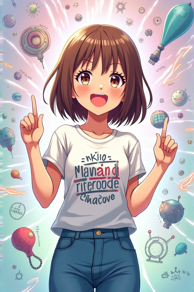 Anime girl with short jeans, camiseta que ponga designo, long straight brown hair, admiring artificial intelligence as a universe to be discovered, with drawings and phrases in Spanish that represent artificial intelligence and the girl very happily pointing at them with her fingers. Use lilac and light green colors