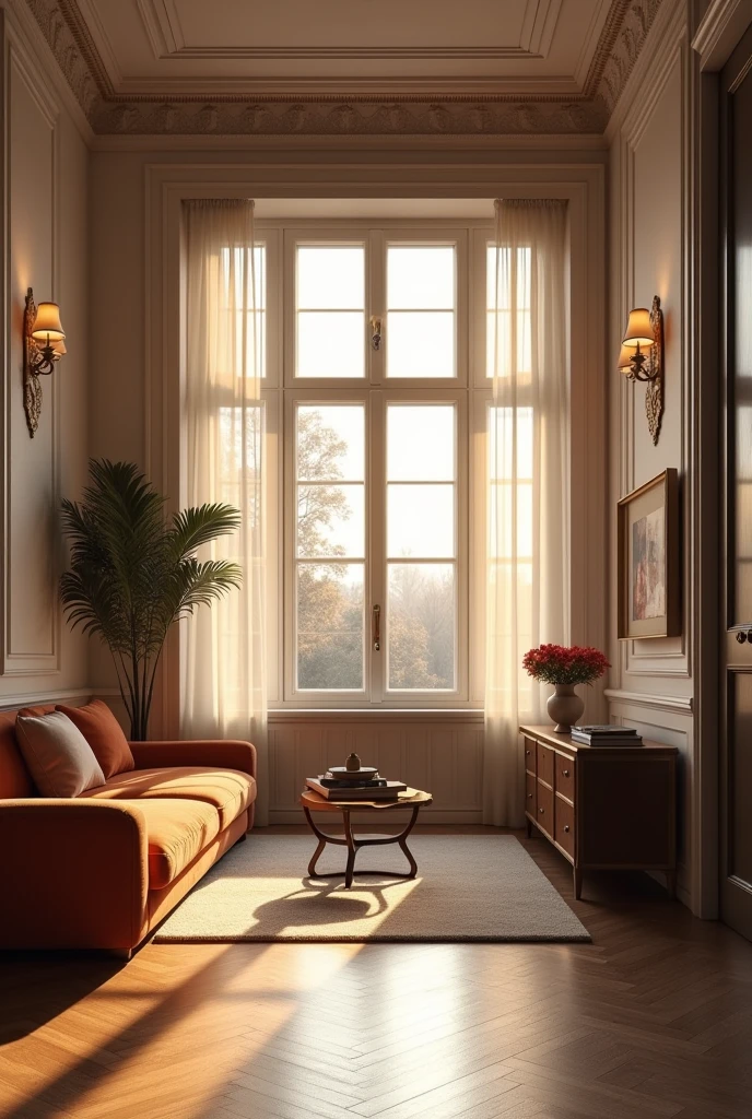 A modern neoclassical designed apartment illuminated by the evening light. The real estate logo appears next to the contact information on an elegant and sophisticated background..