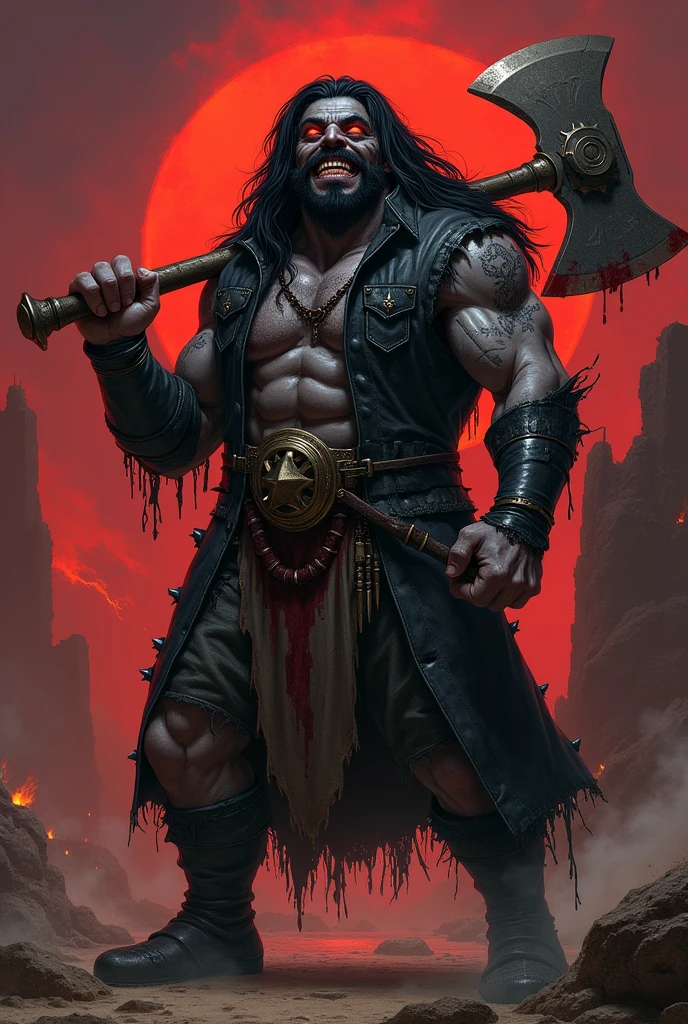 A refined version of 'Cão Raivoso,' inspired by DC's Lobo, in a Dungeons & Dragons 5e setting. The character is depicted as a Goliath Barbarian with a more human-like face, long black hair, and a distinct goatee that covers only his mustache and chin, similar to the style in the reference image provided, with the sides of his face clean-shaven. His eyes are a vibrant, glowing red with dark black markings around them, enhancing his intense and menacing appearance. He has gray, stone-like skin, covered in tribal tattoos and scars. He is wearing a torn, rugged black leather jacket over spiked leather armor, with the jacket sleeves ripped off, exposing his muscular arms. His face bears a wide, human-like grin as he laughs, showing normal human teeth. He wields a massive, blood-stained great axe slung over his shoulder. The background is a barren, post-apocalyptic wasteland with smoldering ruins and a blood-red sky, emphasizing his brutal and chaotic nature. The pose should be dynamic, highlighting his powerful and intimidating presence.