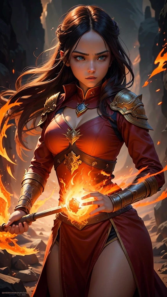 a gorgeous firebender, 1girl, fantasy character, detailed face, beautiful eyes, intense gaze, fire energy, fire manipulation, dramatic lighting, cinematic composition, highly detailed, intricate design, digital art, concept art, vibrant colors, warm color palette, dramatic lighting, HDR, 8k, photorealistic, masterpiece
