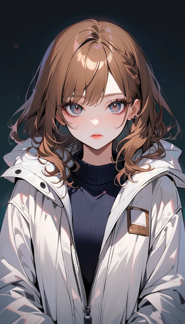 1woman, solo, brown hair, black eyes, detailed eyes, eyelashes, light lips, 25years old, white duffle coat, looking at viewer, cowboy shot