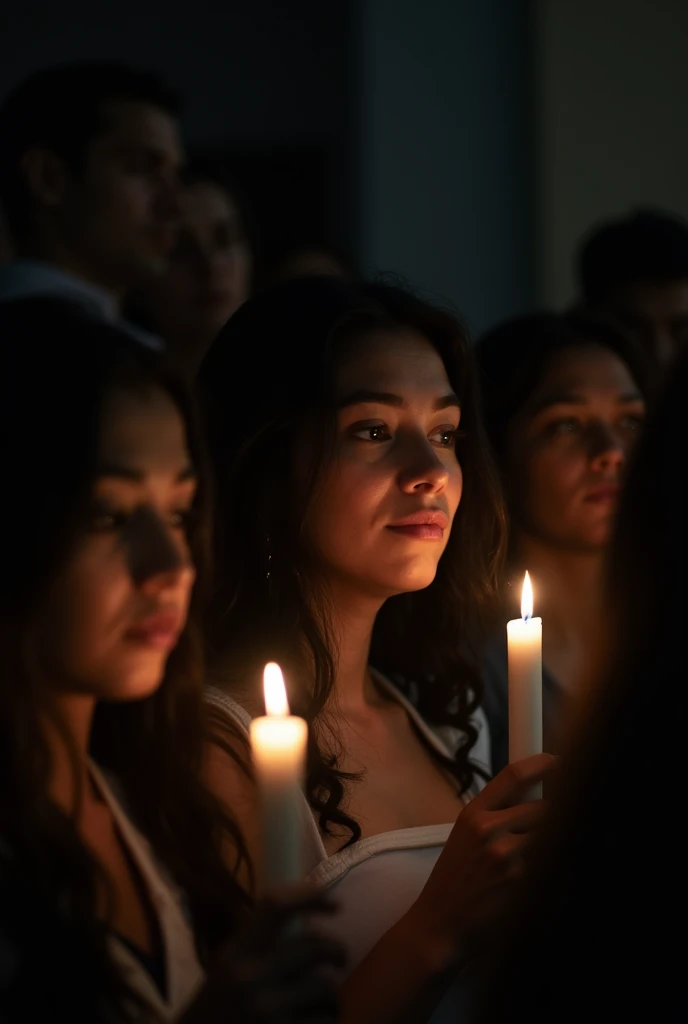 Latin people with white candles in their hands in the dark, vertical format, sense of mourning.