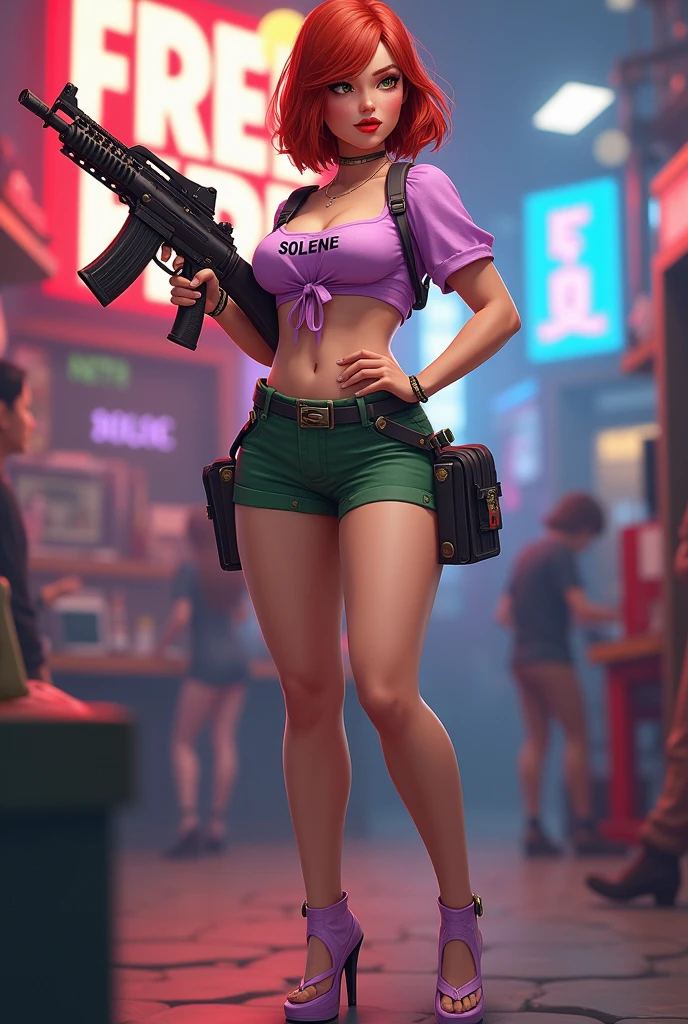 Freefire game style female character, very sexy, com rosto redondo, big breasts and thick thighs, of skin jambo, short medium copper red hair, eyes browns, wearing red lipstick, wearing a short, low-cut lilac blouse with the name SOLENE and a short green skirt, lilac shoe with green high heels, holding a beautiful mp5 gun and making a pose, with colored background and the name of the game FREEFIRE behind.