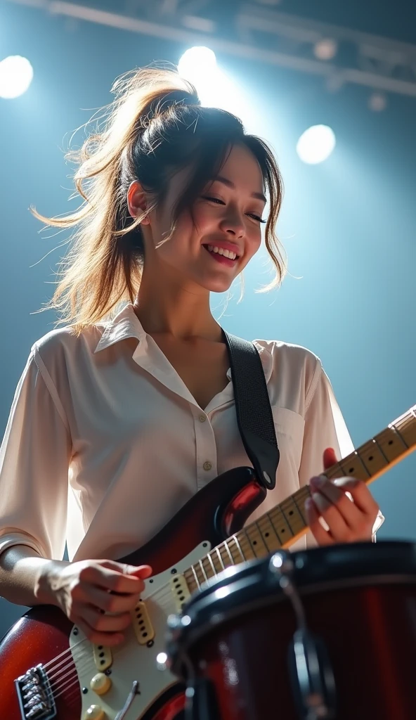 Realistic, Japanese women, drummer, Playing the red drums, rock band, On the concert stage, Brightly lit by stage spotlights, Very bright lighting, white light lighting,Wearing a white shirt, Medium length light brown hair, ponytail, Hair blowing in the wind, Her hair is messy and unkempt..., beautiful, White and translucent skin, Sweat splash, Charming person, Very large breasts, Show me my skin, Natural Makeup, Small Nose, Smooth jawline, Glossy face, Blushing, Big smile high resolution, Anatomically correct, Highest quality, Very detailed, Attention to detail, Looking down, Cowboy Shot, vision, smile,enjoy,Wide-angle shot, Uplifting,Gaze, 
